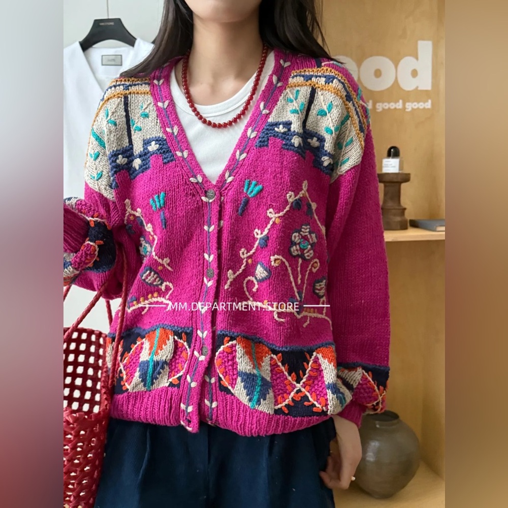 NWT Hand Knit Vintage style Silk Blend Patterned V-Neck Cardigan Size M